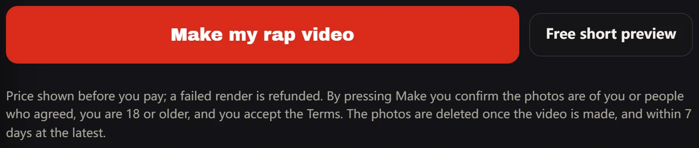 The Make my rap video button with the price note and the free short preview button