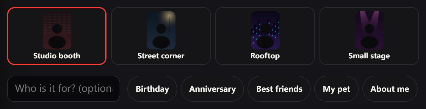 The four stages, Studio booth, Street corner, Rooftop and Small stage, and the occasion buttons Birthday, Anniversary, Best friends, My pet and About me