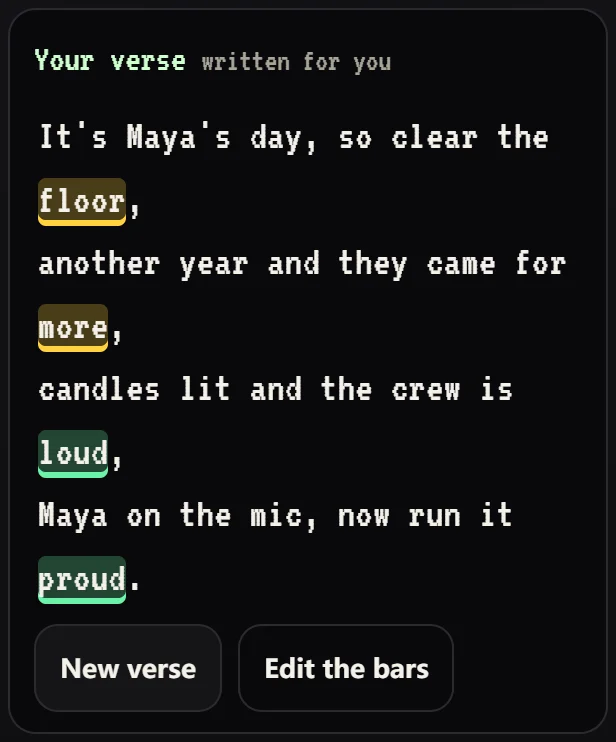 A verse written for a birthday and the name Maya, with the rhyming words highlighted